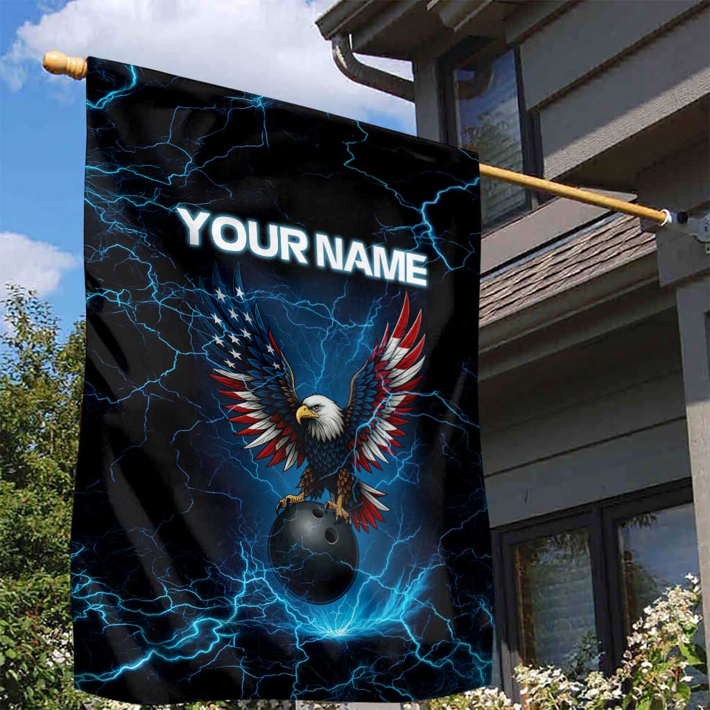 Lightning Bowling Garden Flag Electric Blue Ball and American Eagle Graphic on Stormy Black Background - Wonder Print Shop