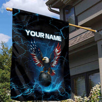 Lightning Bowling Garden Flag Electric Blue Ball and American Eagle Graphic on Stormy Black Background - Wonder Print Shop