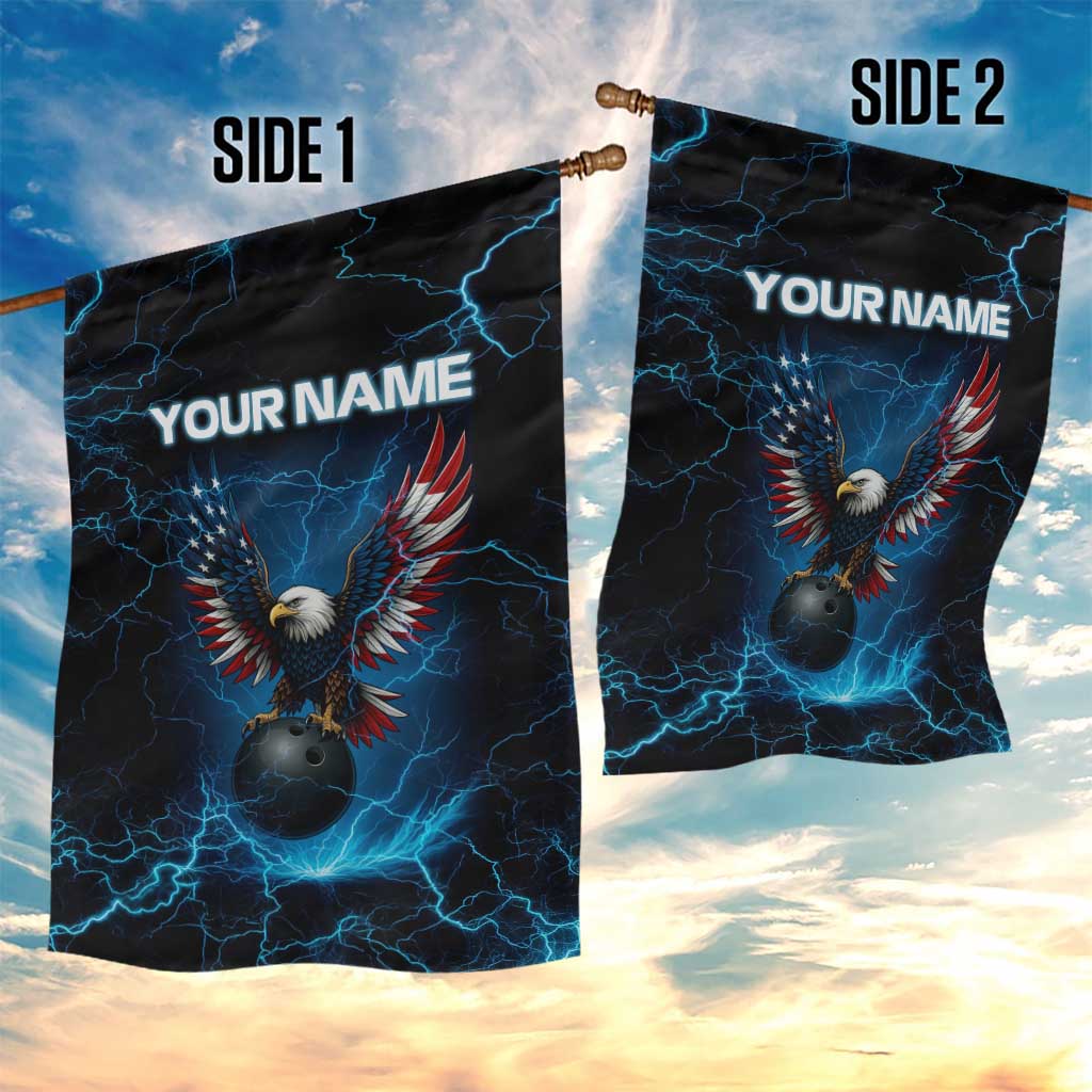 Lightning Bowling Garden Flag Electric Blue Ball and American Eagle Graphic on Stormy Black Background - Wonder Print Shop