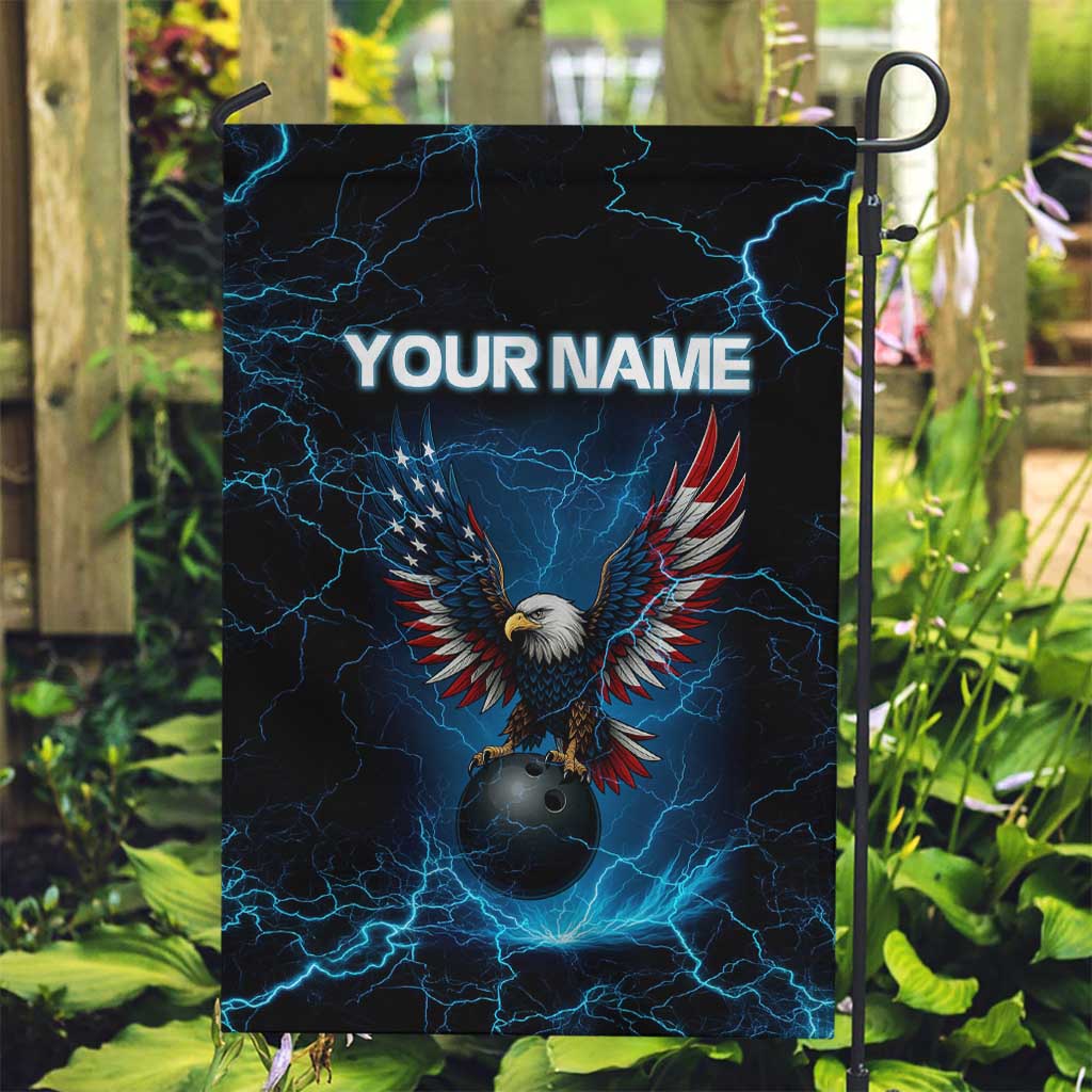 Lightning Bowling Garden Flag Electric Blue Ball and American Eagle Graphic on Stormy Black Background - Wonder Print Shop