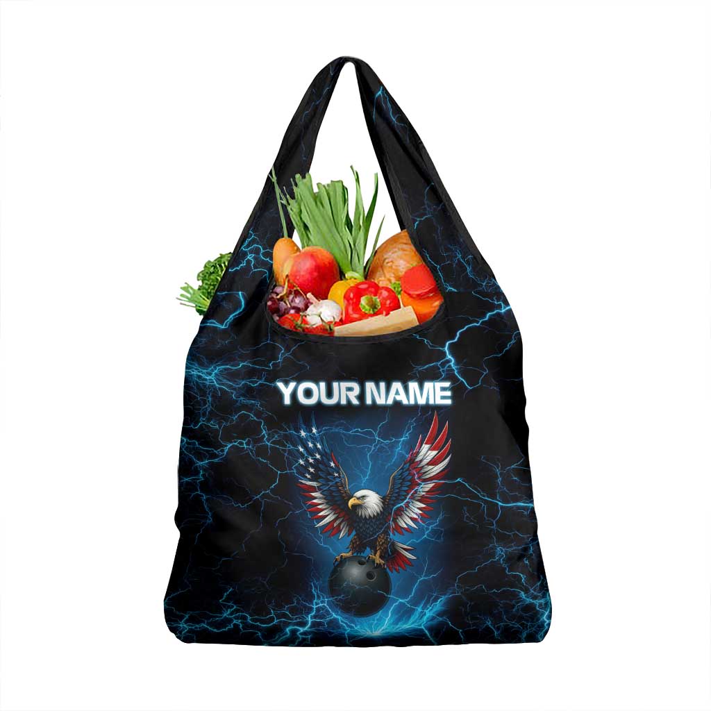 Lightning Bowling Grocery Bag Electric Blue Ball and American Eagle Graphic on Stormy Black Background - Wonder Print Shop