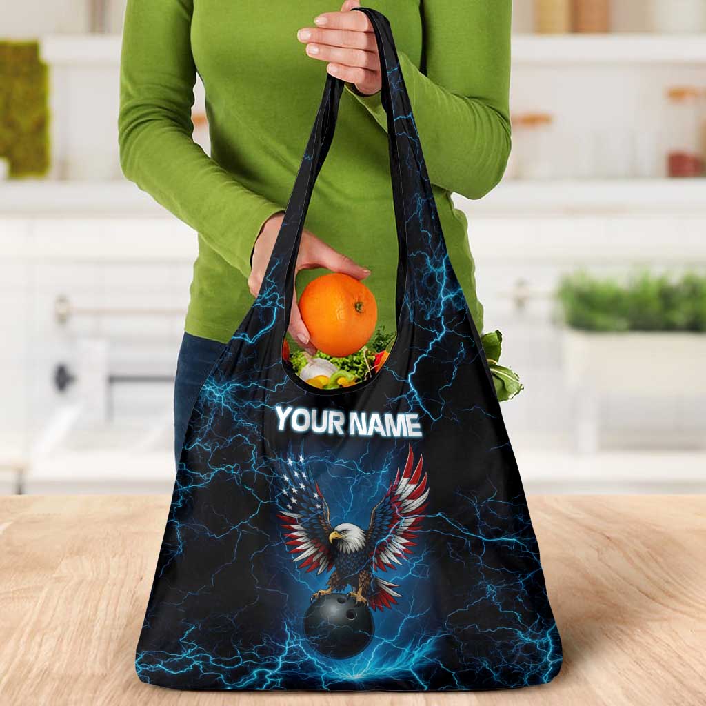 Lightning Bowling Grocery Bag Electric Blue Ball and American Eagle Graphic on Stormy Black Background - Wonder Print Shop