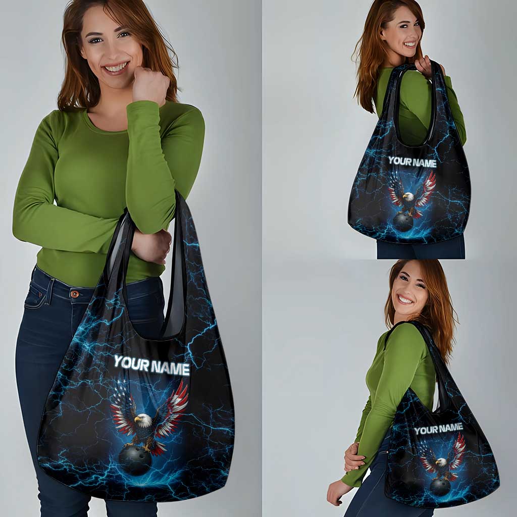 Lightning Bowling Grocery Bag Electric Blue Ball and American Eagle Graphic on Stormy Black Background - Wonder Print Shop