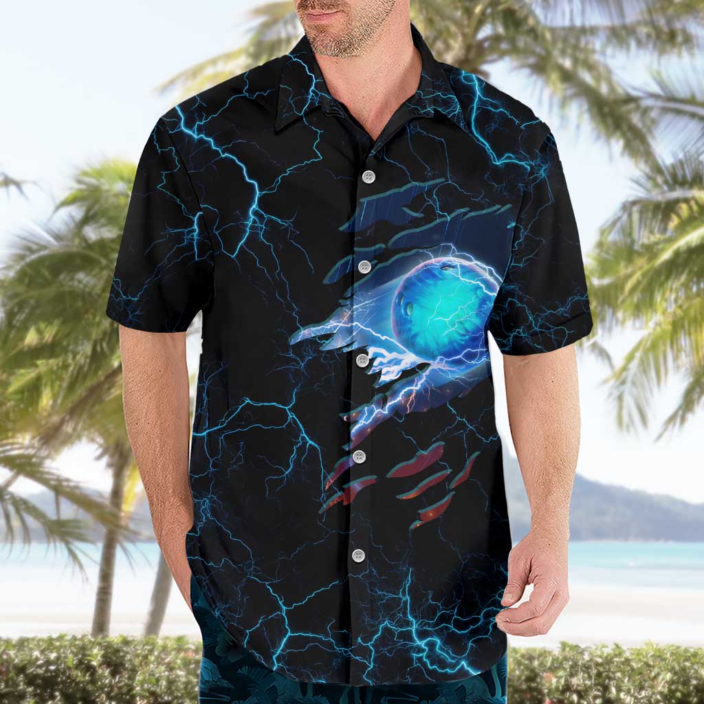 Lightning Bowling Hawaiian Shirt Electric Blue Ball and American Eagle Graphic on Stormy Black Background - Wonder Print Shop