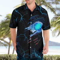 Lightning Bowling Hawaiian Shirt Electric Blue Ball and American Eagle Graphic on Stormy Black Background - Wonder Print Shop
