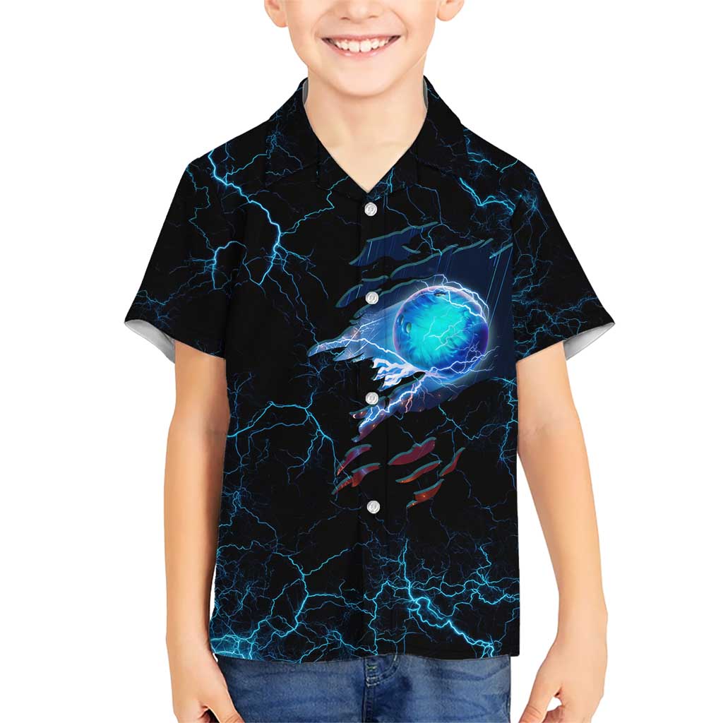 Lightning Bowling Hawaiian Shirt Electric Blue Ball and American Eagle Graphic on Stormy Black Background - Wonder Print Shop