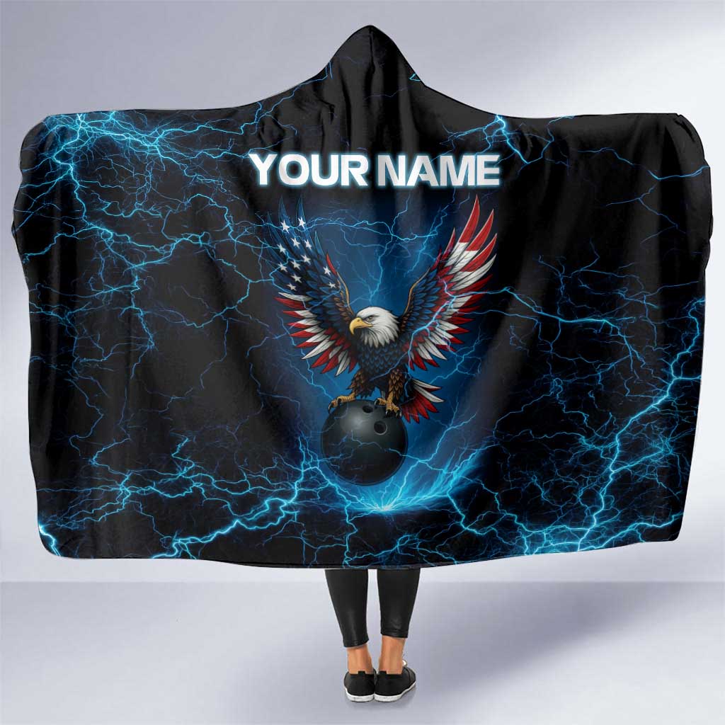 Lightning Bowling Hooded Blanket Electric Blue Ball and American Eagle Graphic on Stormy Black Background - Wonder Print Shop