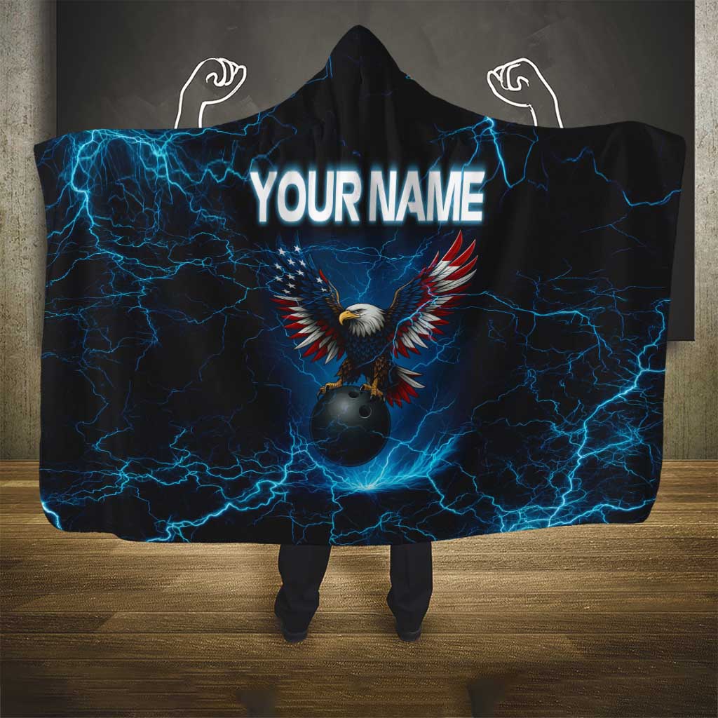 Lightning Bowling Hooded Blanket Electric Blue Ball and American Eagle Graphic on Stormy Black Background - Wonder Print Shop