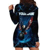 Lightning Bowling Hoodie Dress Electric Blue Ball and American Eagle Graphic on Stormy Black Background - Wonder Print Shop