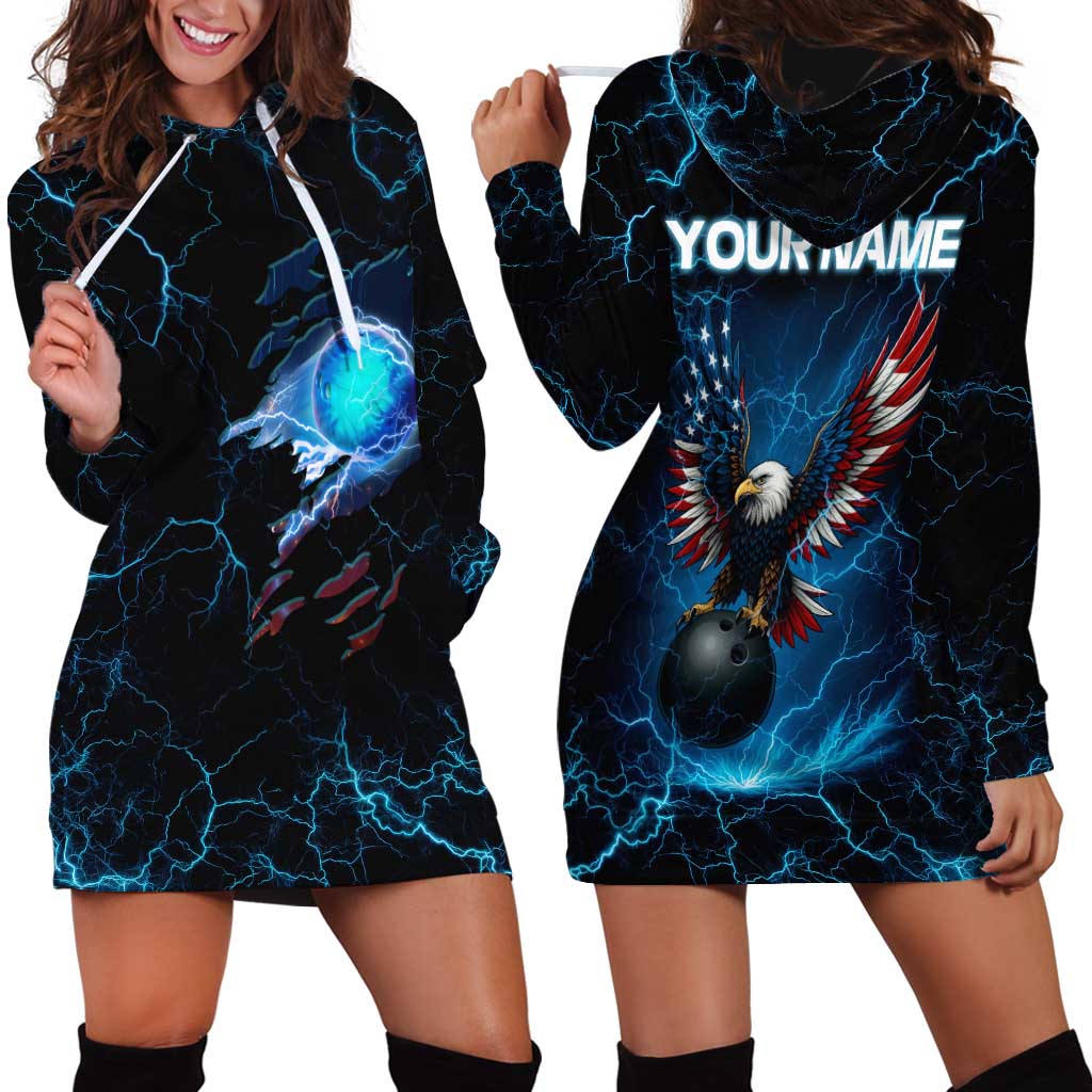 Lightning Bowling Hoodie Dress Electric Blue Ball and American Eagle Graphic on Stormy Black Background - Wonder Print Shop