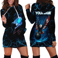 Lightning Bowling Hoodie Dress Electric Blue Ball and American Eagle Graphic on Stormy Black Background - Wonder Print Shop