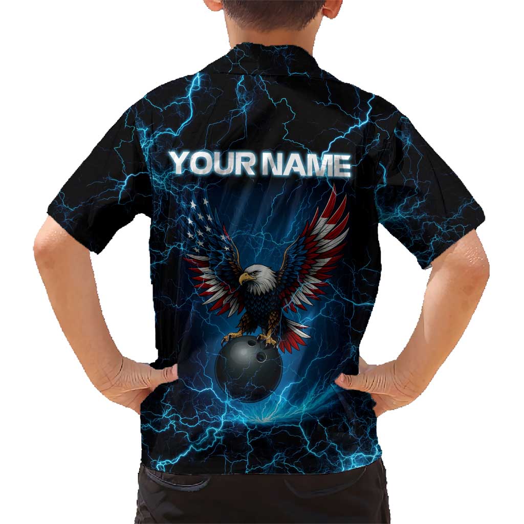 Lightning Bowling Kid Hawaiian Shirt Electric Blue Ball and American Eagle Graphic on Stormy Black Background - Wonder Print Shop