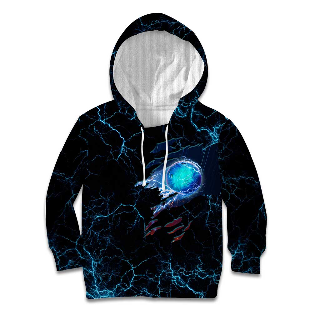 Lightning Bowling Kid Hoodie Electric Blue Ball and American Eagle Graphic on Stormy Black Background - Wonder Print Shop