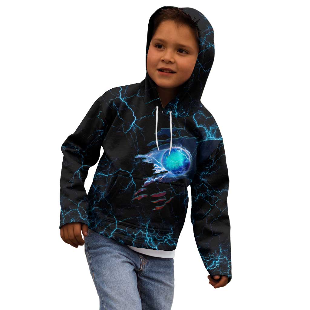 Lightning Bowling Kid Hoodie Electric Blue Ball and American Eagle Graphic on Stormy Black Background - Wonder Print Shop