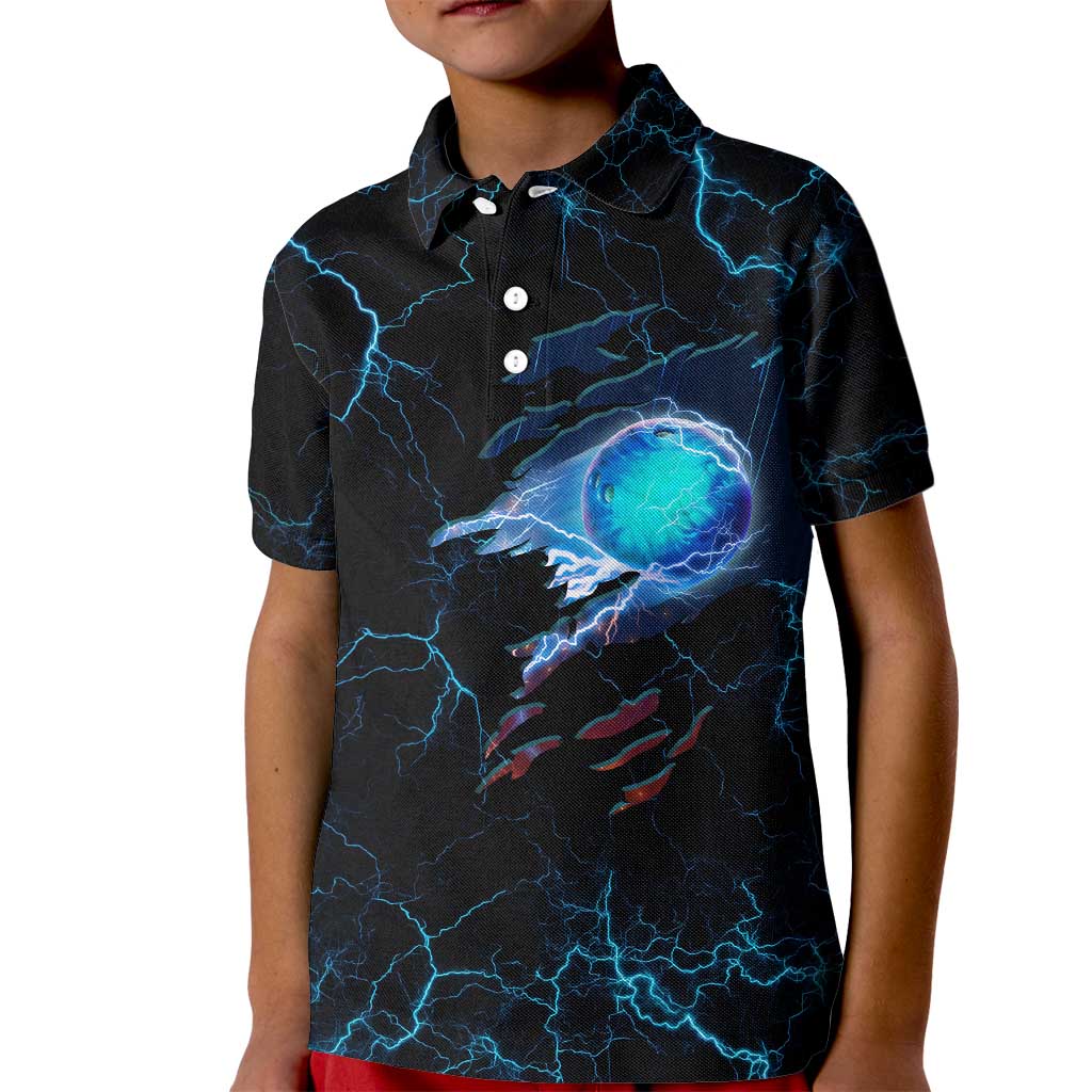 Lightning Bowling Kid Polo Shirt Electric Blue Ball and American Eagle Graphic on Stormy Black Background - Wonder Print Shop