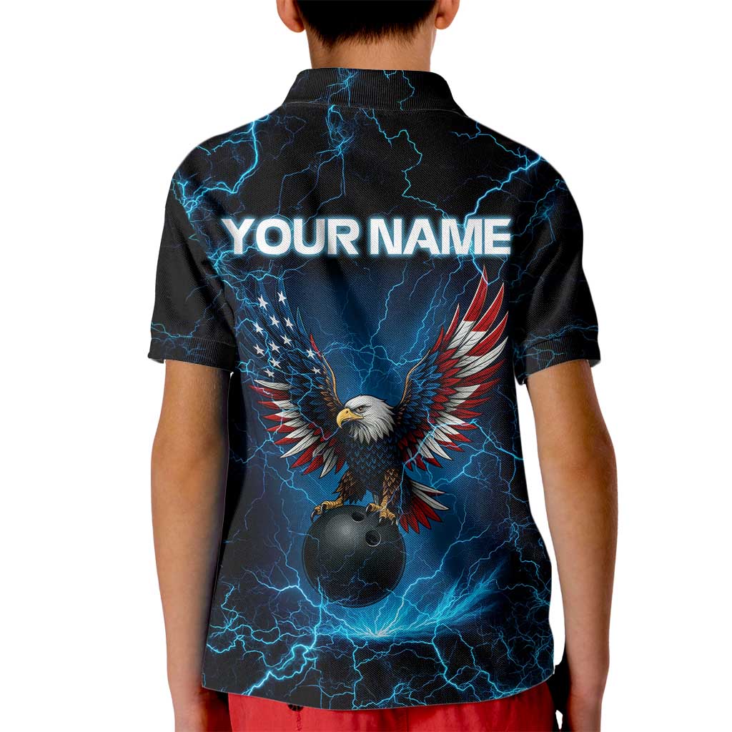 Lightning Bowling Kid Polo Shirt Electric Blue Ball and American Eagle Graphic on Stormy Black Background - Wonder Print Shop