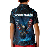Lightning Bowling Kid Polo Shirt Electric Blue Ball and American Eagle Graphic on Stormy Black Background - Wonder Print Shop