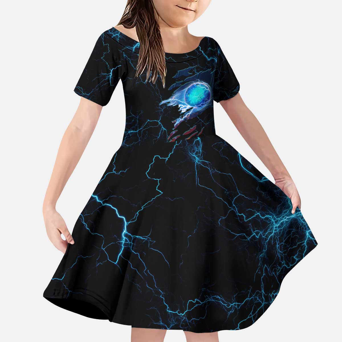 Lightning Bowling Kid Short Sleeve Dress Electric Blue Ball and American Eagle Graphic on Stormy Black Background - Wonder Print Shop