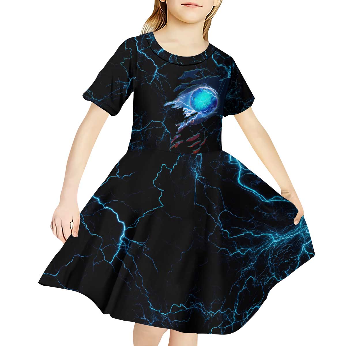 Lightning Bowling Kid Short Sleeve Dress Electric Blue Ball and American Eagle Graphic on Stormy Black Background - Wonder Print Shop