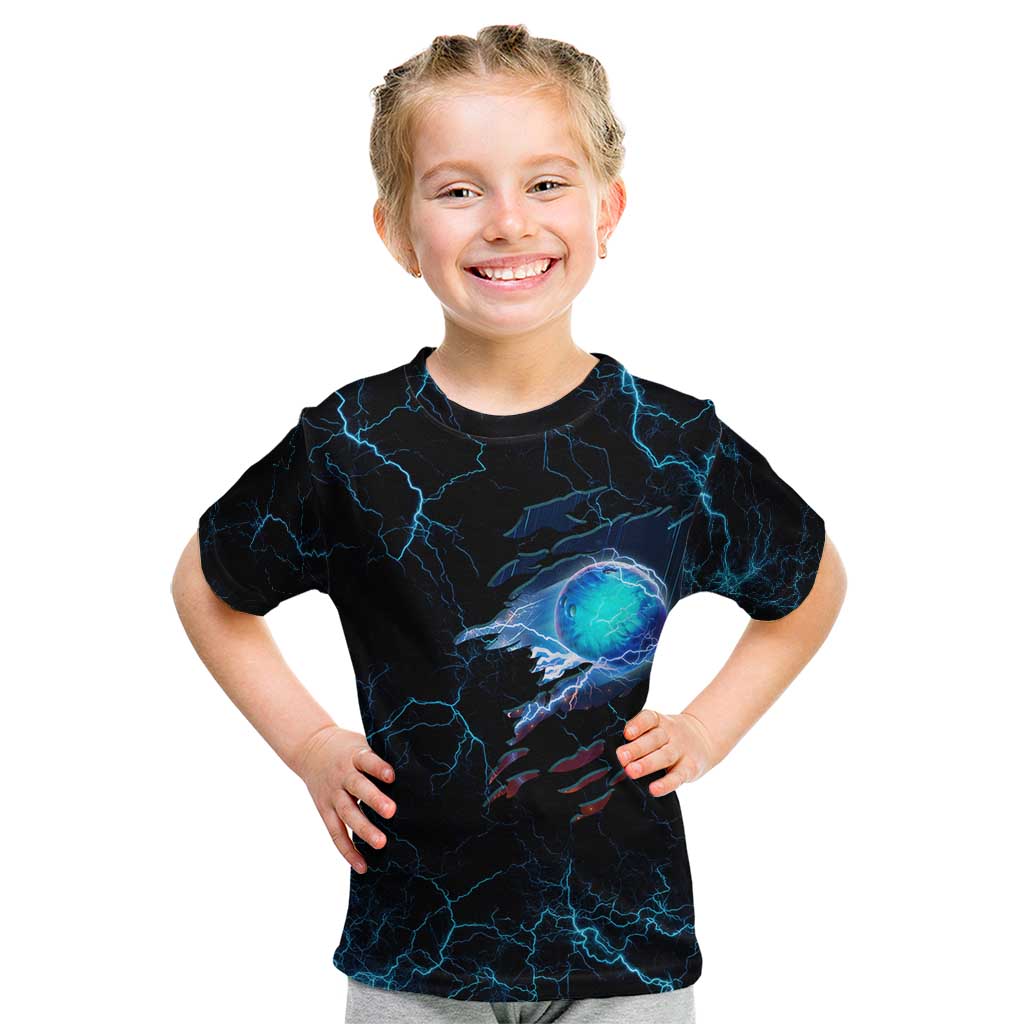 Lightning Bowling Kid T Shirt Electric Blue Ball and American Eagle Graphic on Stormy Black Background - Wonder Print Shop