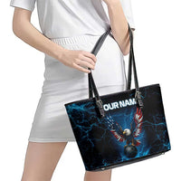 Lightning Bowling Leather Tote Bag Electric Blue Ball and American Eagle Graphic on Stormy Black Background - Wonder Print Shop