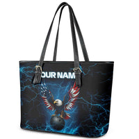 Lightning Bowling Leather Tote Bag Electric Blue Ball and American Eagle Graphic on Stormy Black Background - Wonder Print Shop