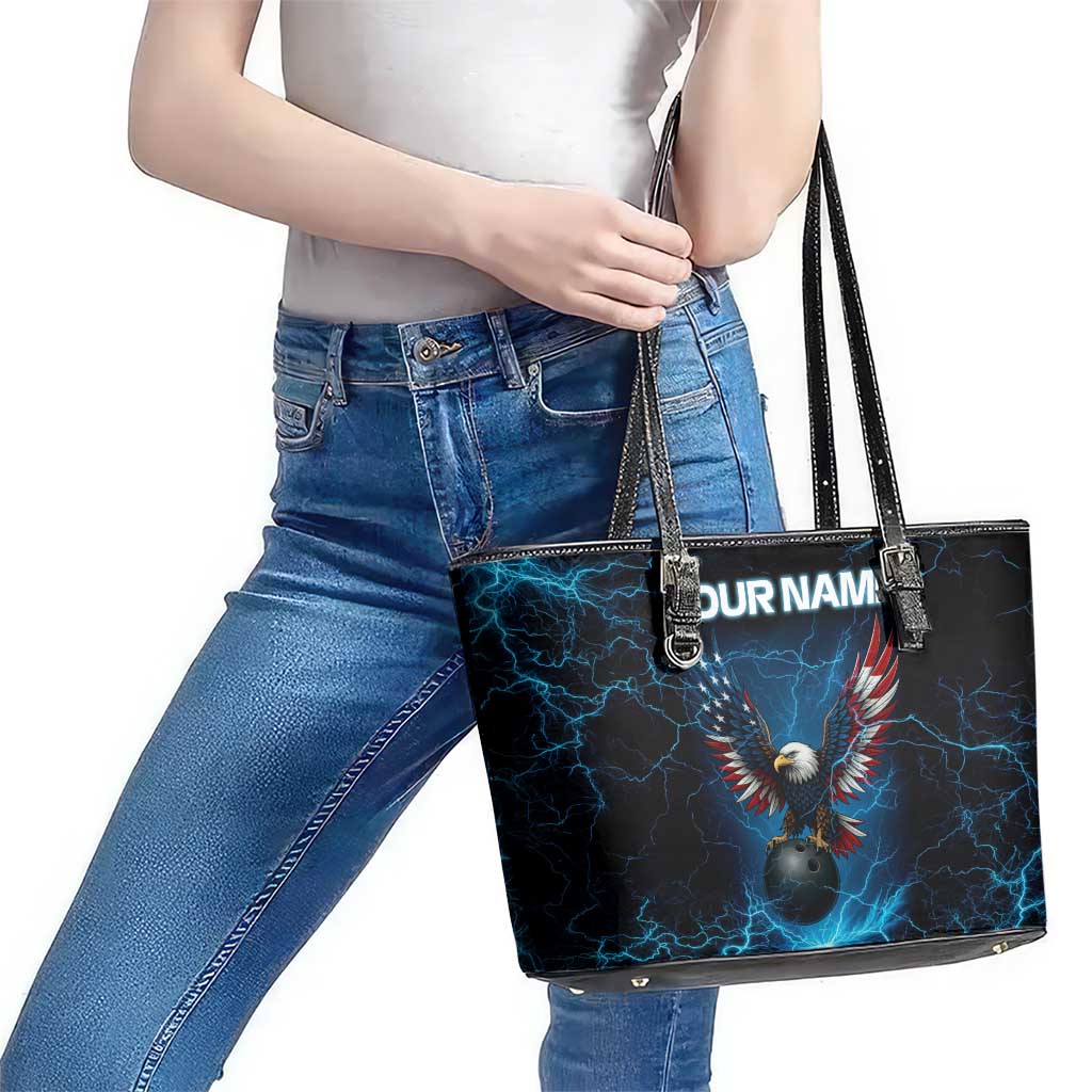 Lightning Bowling Leather Tote Bag Electric Blue Ball and American Eagle Graphic on Stormy Black Background - Wonder Print Shop