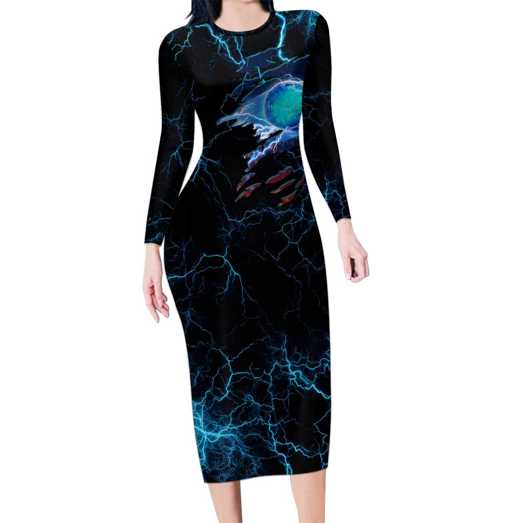 Lightning Bowling Long Sleeve Bodycon Dress Electric Blue Ball and American Eagle Graphic on Stormy Black Background - Wonder Print Shop