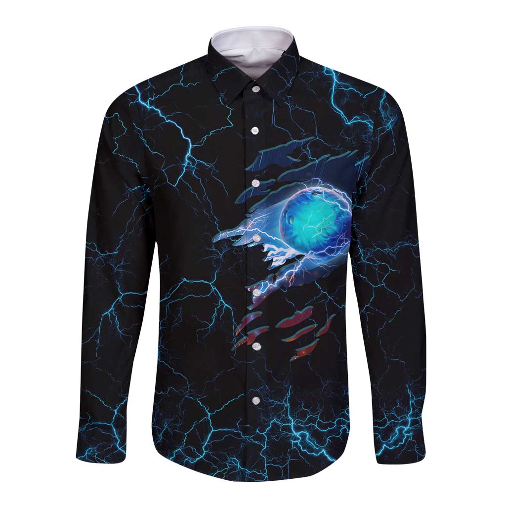 Lightning Bowling Long Sleeve Button Shirt Electric Blue Ball and American Eagle Graphic on Stormy Black Background - Wonder Print Shop