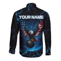 Lightning Bowling Long Sleeve Button Shirt Electric Blue Ball and American Eagle Graphic on Stormy Black Background - Wonder Print Shop