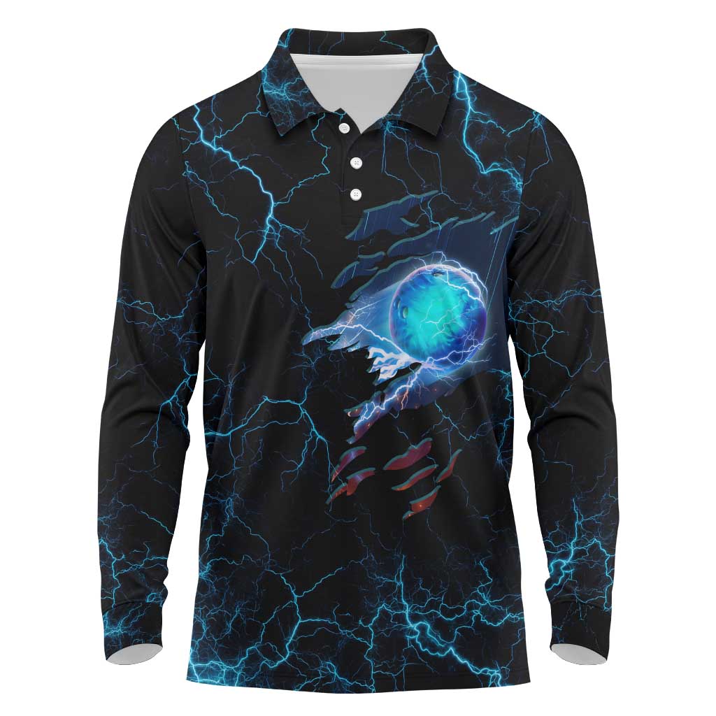 Lightning Bowling Long Sleeve Polo Shirt Electric Blue Ball and American Eagle Graphic on Stormy Black Background - Wonder Print Shop