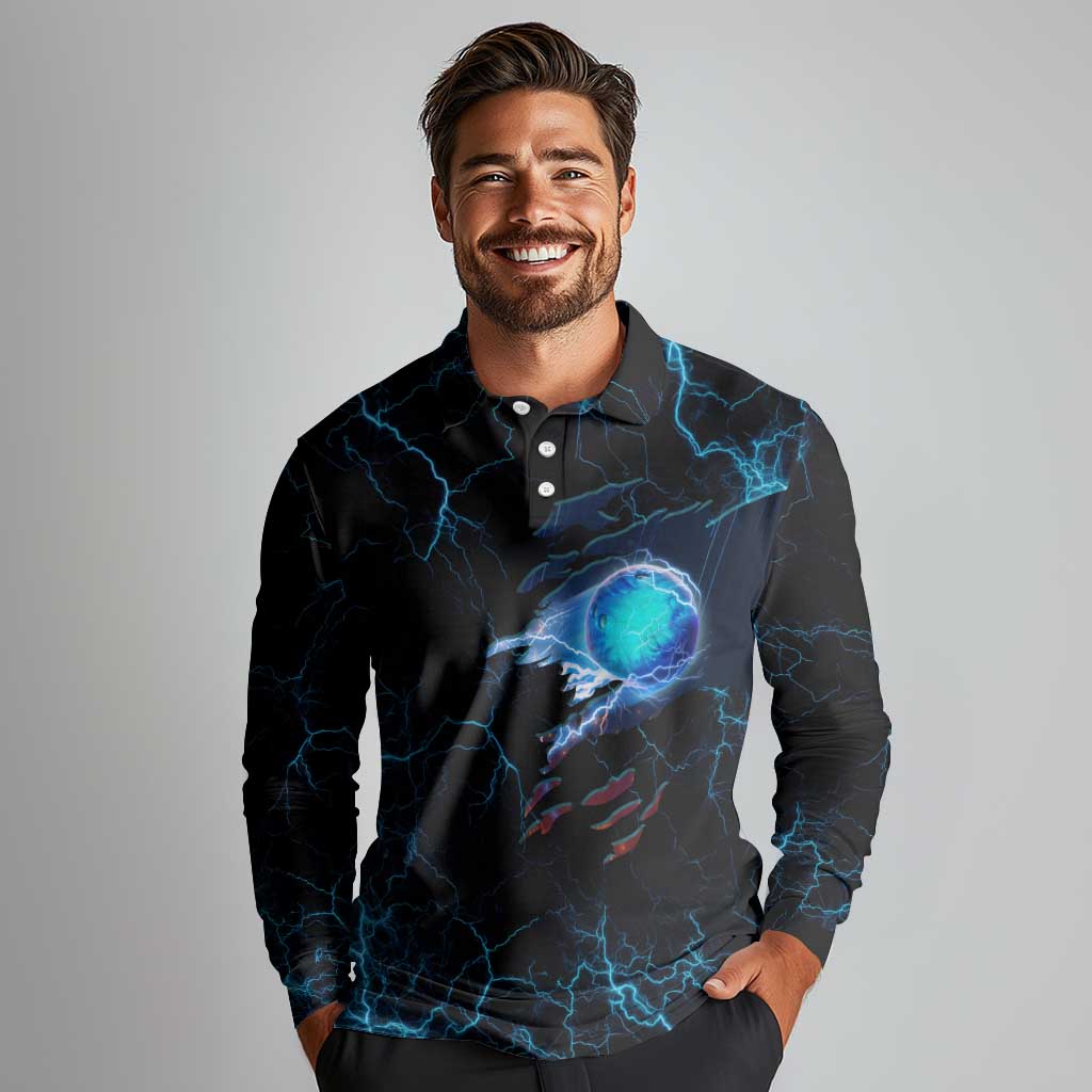 Lightning Bowling Long Sleeve Polo Shirt Electric Blue Ball and American Eagle Graphic on Stormy Black Background - Wonder Print Shop