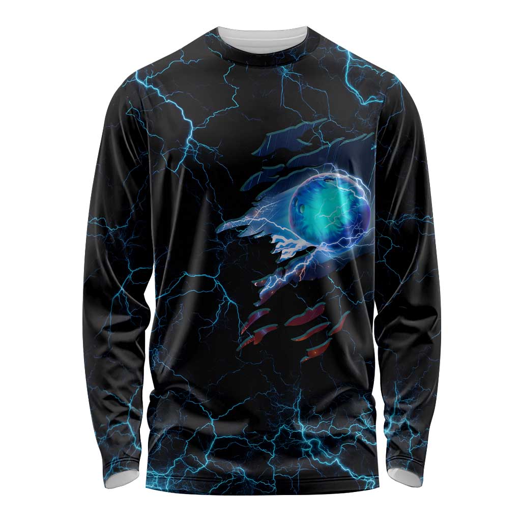 Lightning Bowling Long Sleeve Shirt Electric Blue Ball and American Eagle Graphic on Stormy Black Background - Wonder Print Shop