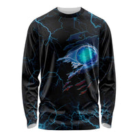 Lightning Bowling Long Sleeve Shirt Electric Blue Ball and American Eagle Graphic on Stormy Black Background - Wonder Print Shop
