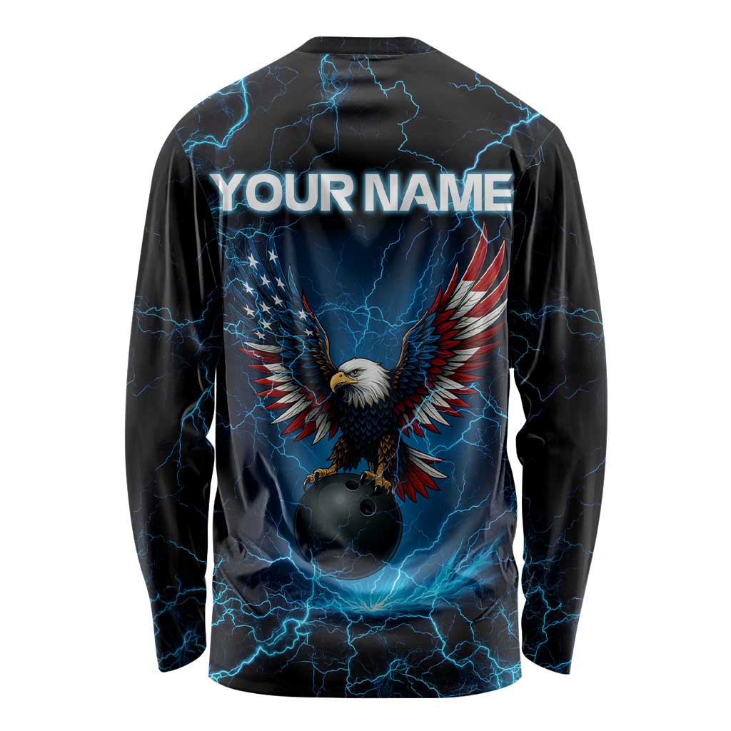 Lightning Bowling Long Sleeve Shirt Electric Blue Ball and American Eagle Graphic on Stormy Black Background - Wonder Print Shop