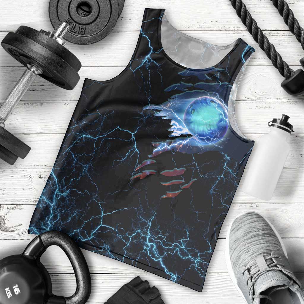 Lightning Bowling Men Tank Top Electric Blue Ball and American Eagle Graphic on Stormy Black Background - Wonder Print Shop