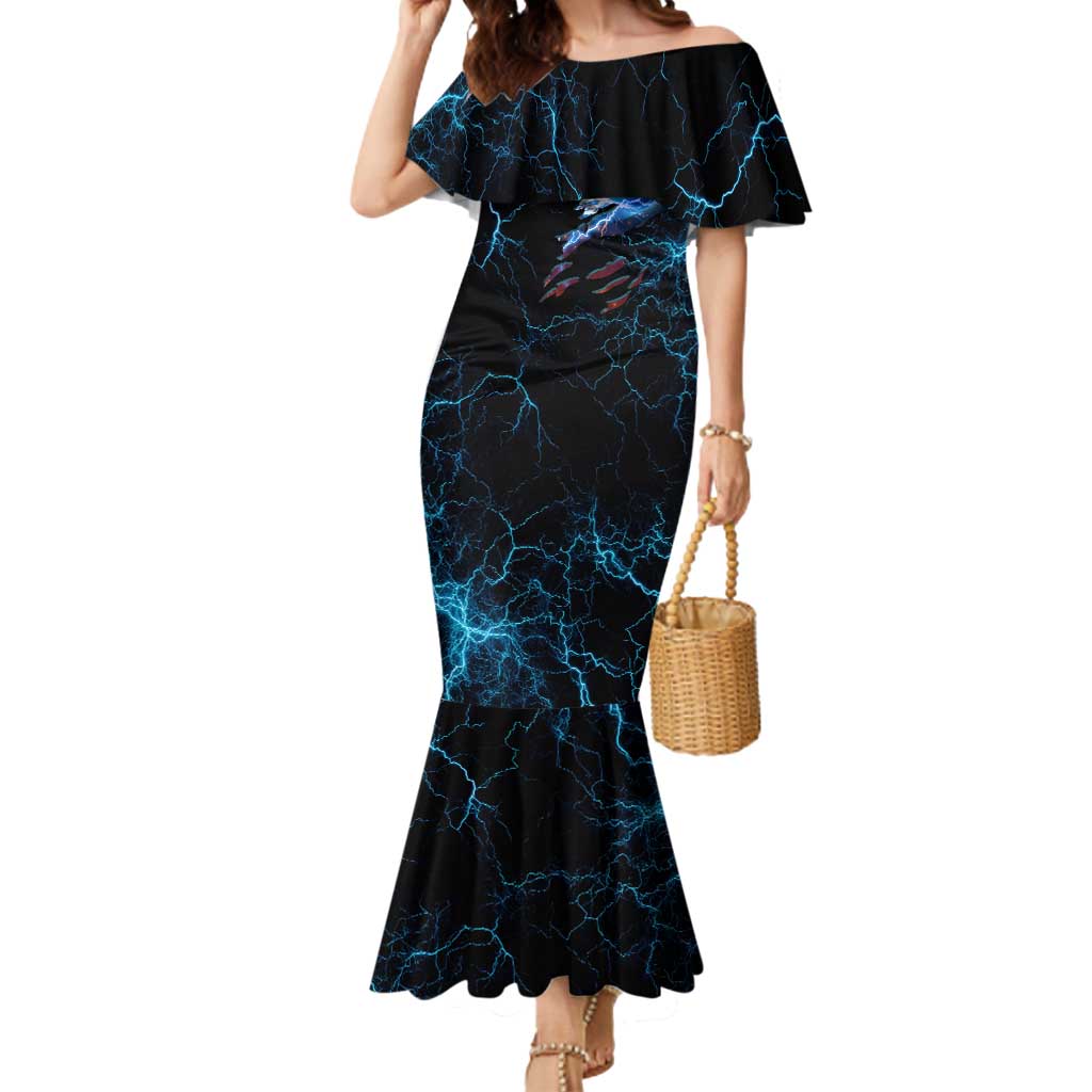 Lightning Bowling Mermaid Dress Electric Blue Ball and American Eagle Graphic on Stormy Black Background - Wonder Print Shop