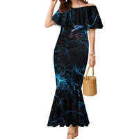 Lightning Bowling Mermaid Dress Electric Blue Ball and American Eagle Graphic on Stormy Black Background - Wonder Print Shop
