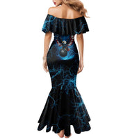 Lightning Bowling Mermaid Dress Electric Blue Ball and American Eagle Graphic on Stormy Black Background - Wonder Print Shop