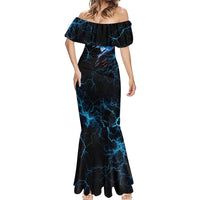 Lightning Bowling Mermaid Dress Electric Blue Ball and American Eagle Graphic on Stormy Black Background - Wonder Print Shop