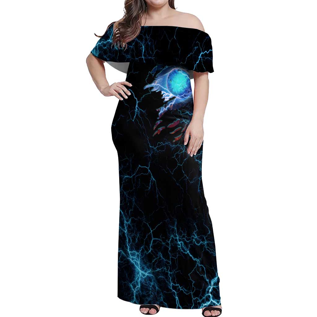 Lightning Bowling Off Shoulder Maxi Dress Electric Blue Ball and American Eagle Graphic on Stormy Black Background - Wonder Print Shop