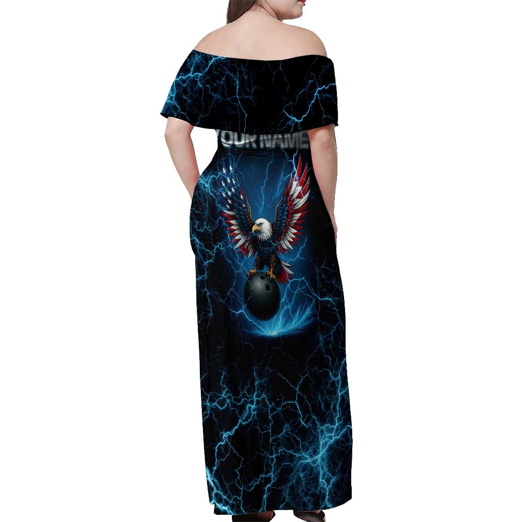 Lightning Bowling Off Shoulder Maxi Dress Electric Blue Ball and American Eagle Graphic on Stormy Black Background - Wonder Print Shop