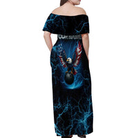 Lightning Bowling Off Shoulder Maxi Dress Electric Blue Ball and American Eagle Graphic on Stormy Black Background - Wonder Print Shop