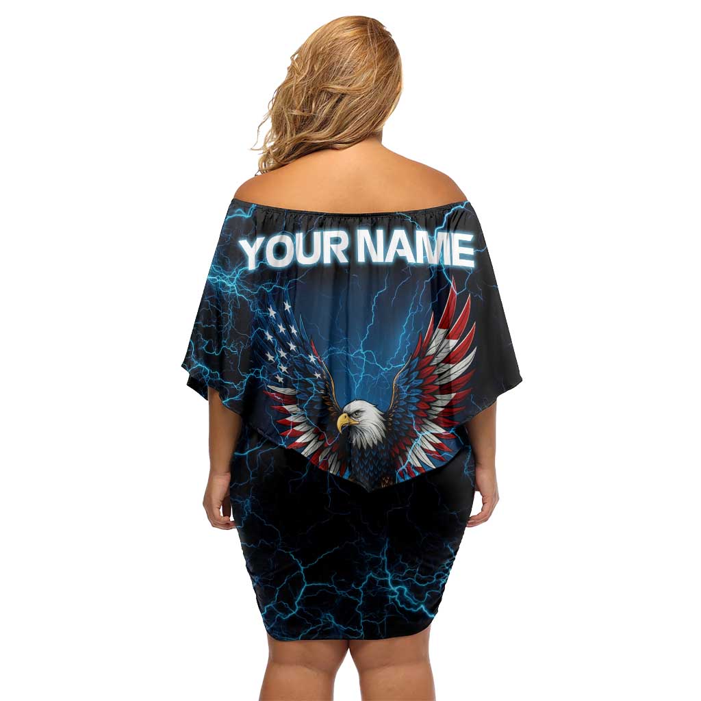 Lightning Bowling Off Shoulder Short Dress Electric Blue Ball and American Eagle Graphic on Stormy Black Background - Wonder Print Shop