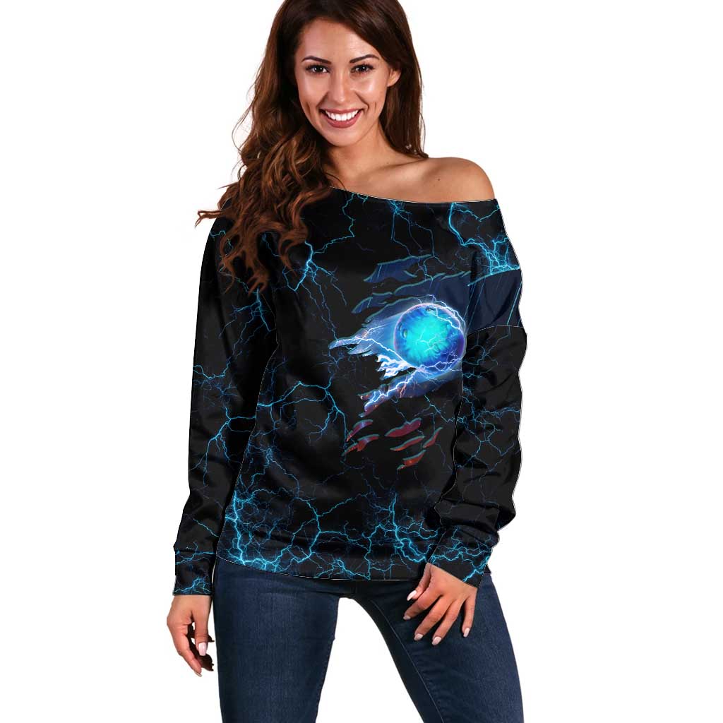 Lightning Bowling Off Shoulder Sweater Electric Blue Ball and American Eagle Graphic on Stormy Black Background - Wonder Print Shop