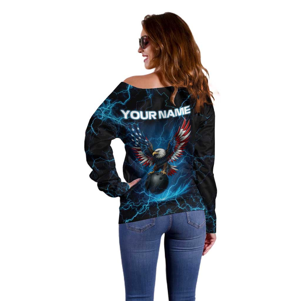 Lightning Bowling Off Shoulder Sweater Electric Blue Ball and American Eagle Graphic on Stormy Black Background - Wonder Print Shop