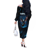 Lightning Bowling Off The Shoulder Long Sleeve Dress Electric Blue Ball and American Eagle Graphic on Stormy Black Background - Wonder Print Shop