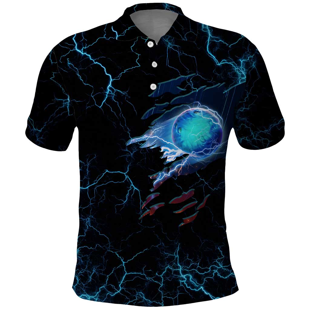 Lightning Bowling Polo Shirt Electric Blue Ball and American Eagle Graphic on Stormy Black Background - Wonder Print Shop