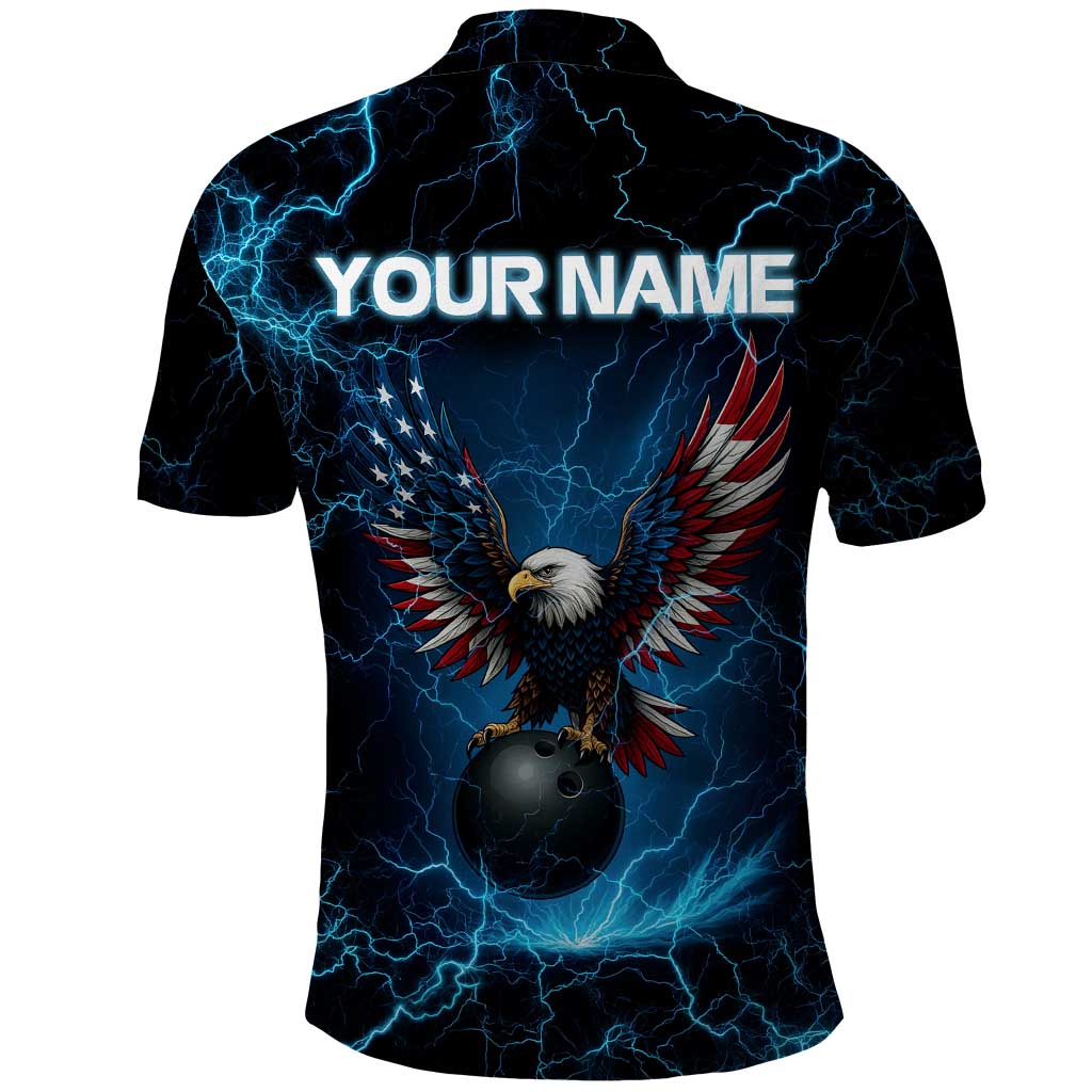 Lightning Bowling Polo Shirt Electric Blue Ball and American Eagle Graphic on Stormy Black Background - Wonder Print Shop