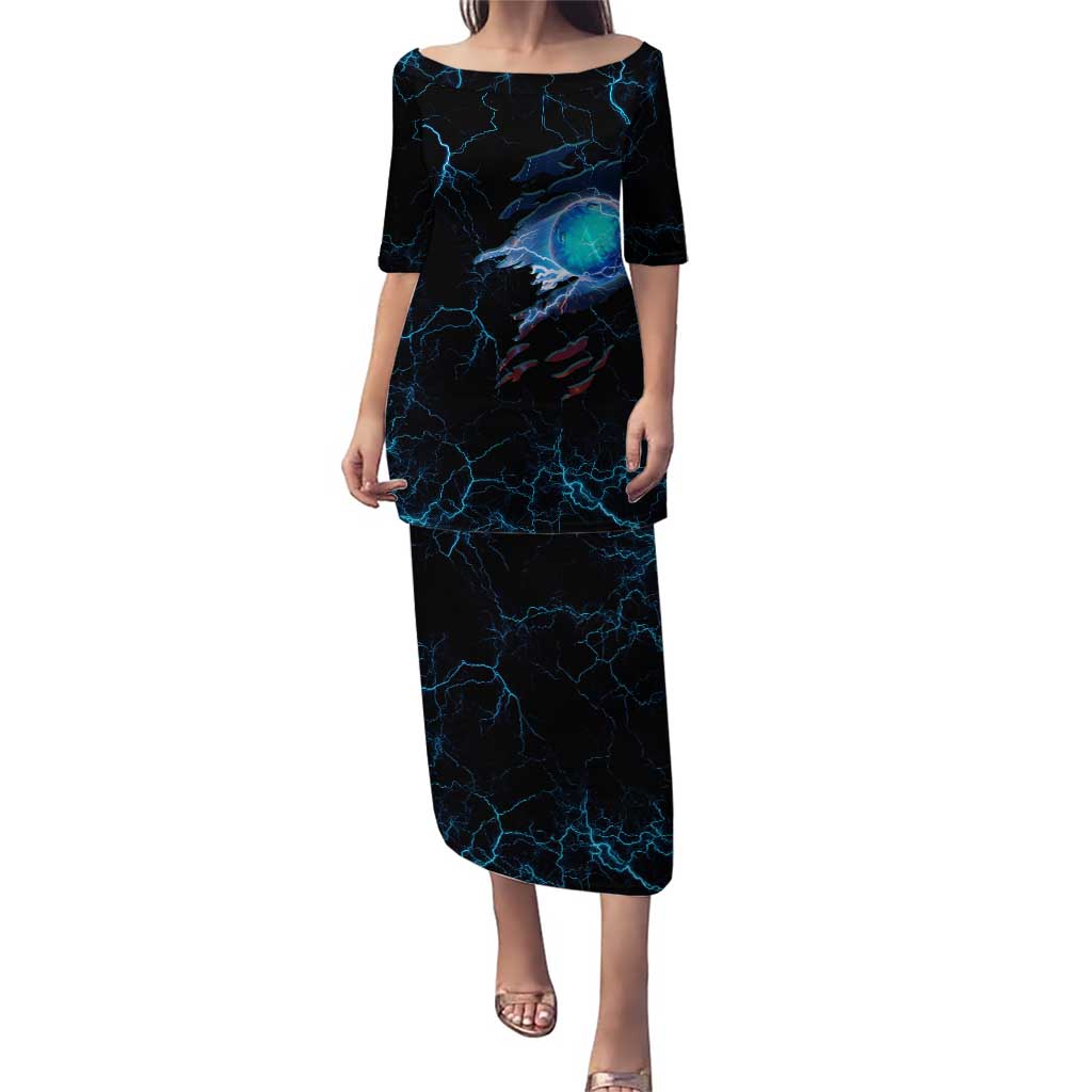 Lightning Bowling Puletasi Electric Blue Ball and American Eagle Graphic on Stormy Black Background - Wonder Print Shop